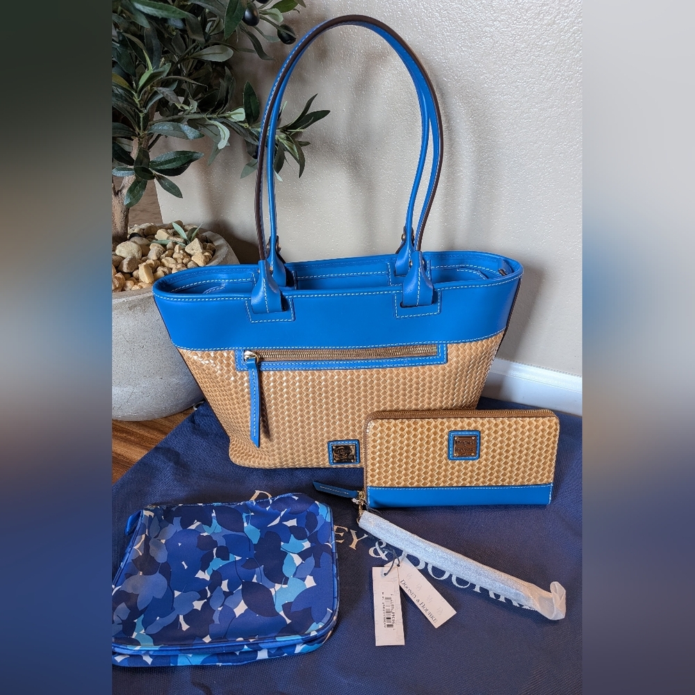 Dooney and Bourke Beacon Woven/Vachetta Tote Set in FRENCH BLUE